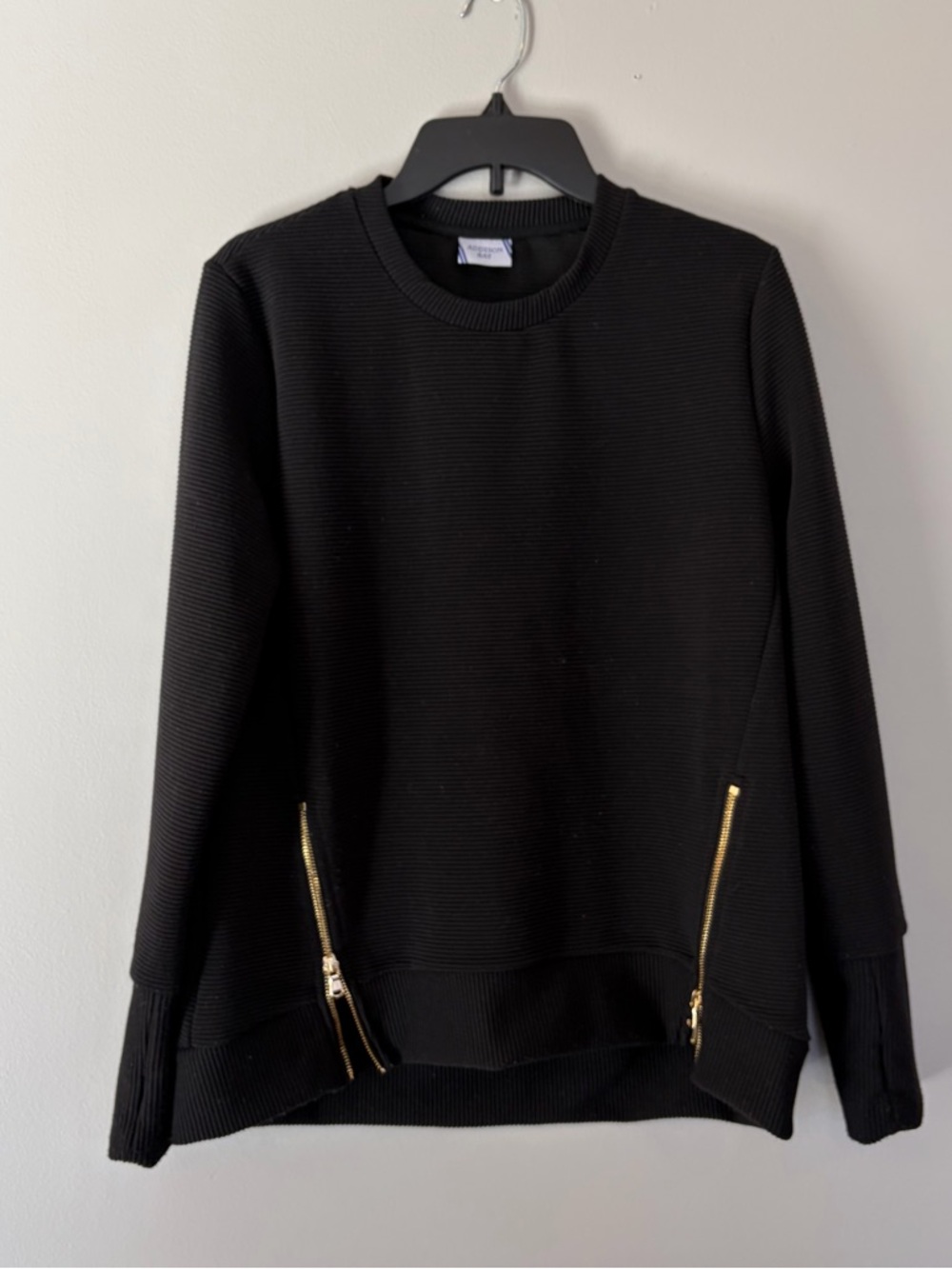 Addison Bay Black Crewneck Sweater with Gold Zipper Accents